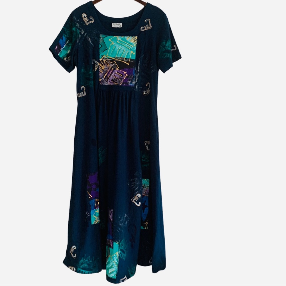 VC Torias 90s Vintage Hand Painted Art To Wear Midi Dress Size M